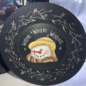 Folk Art Primitive Family Snowman Wooden Plate warm winter wishes black